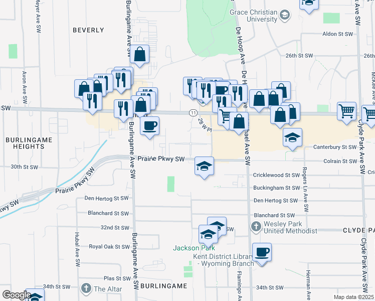 map of restaurants, bars, coffee shops, grocery stores, and more near 1401 Prairie Parkway Southwest in Wyoming