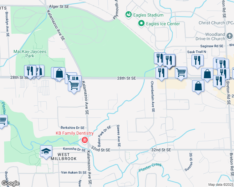 map of restaurants, bars, coffee shops, grocery stores, and more near 2846 Dawes Avenue Southeast in Grand Rapids