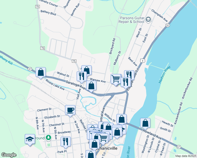 map of restaurants, bars, coffee shops, grocery stores, and more near 37 Leonard Street in Mechanicville