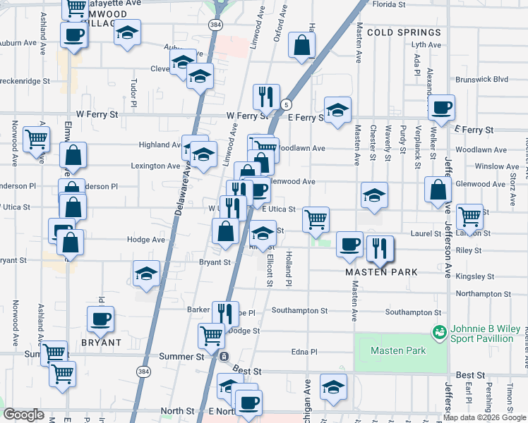 map of restaurants, bars, coffee shops, grocery stores, and more near 16 Laurel Street in Buffalo