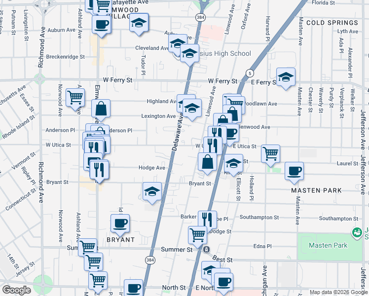 map of restaurants, bars, coffee shops, grocery stores, and more near 977 Delaware Avenue in Buffalo