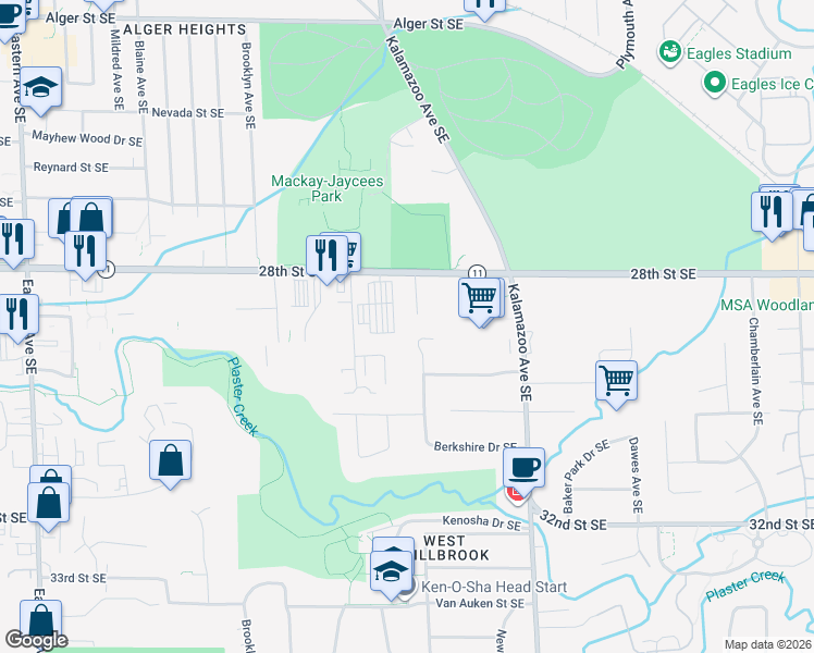 map of restaurants, bars, coffee shops, grocery stores, and more near 2915 Giddings Avenue Southeast in Grand Rapids