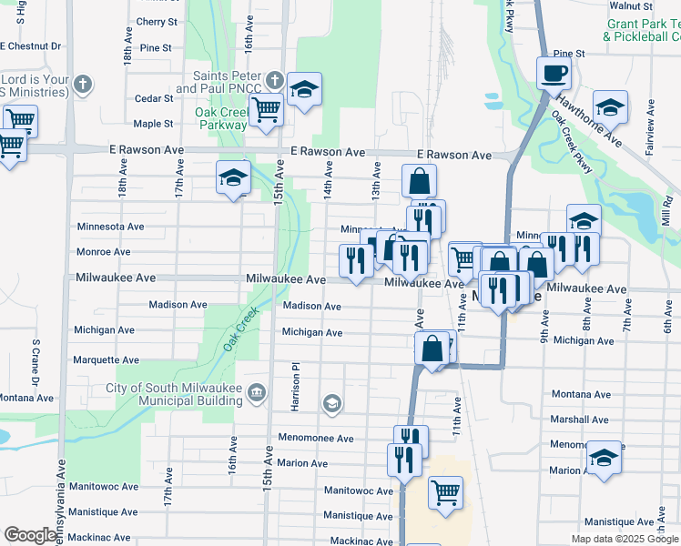 map of restaurants, bars, coffee shops, grocery stores, and more near 1325 Milwaukee Avenue in South Milwaukee