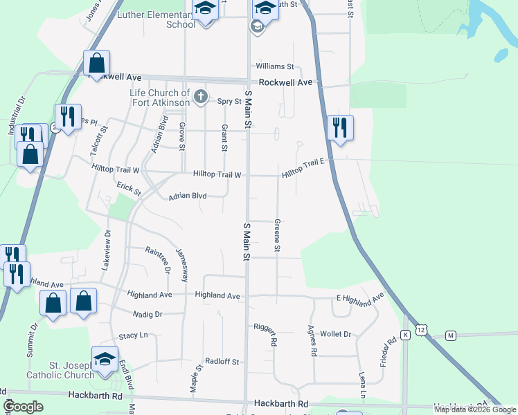 map of restaurants, bars, coffee shops, grocery stores, and more near 13 Krause Avenue in Fort Atkinson