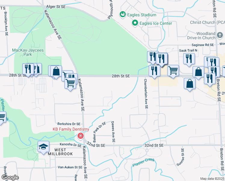 map of restaurants, bars, coffee shops, grocery stores, and more near 2848 Dawes Avenue Southeast in Grand Rapids