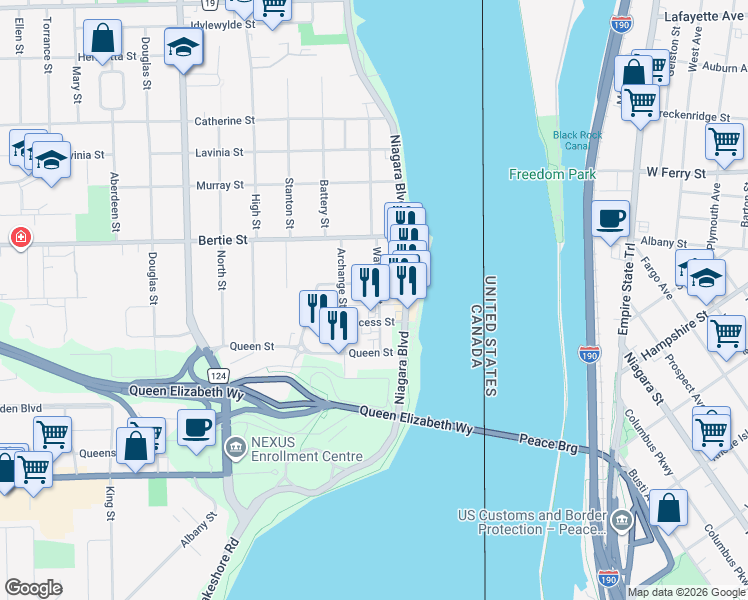 map of restaurants, bars, coffee shops, grocery stores, and more near 144 Waterloo Street in Fort Erie