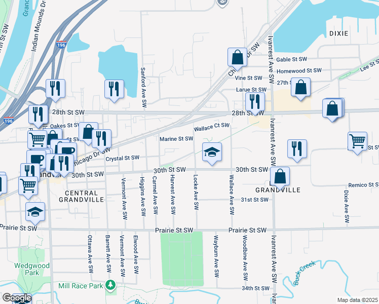 map of restaurants, bars, coffee shops, grocery stores, and more near 3507 Peck Street Southwest in Grandville