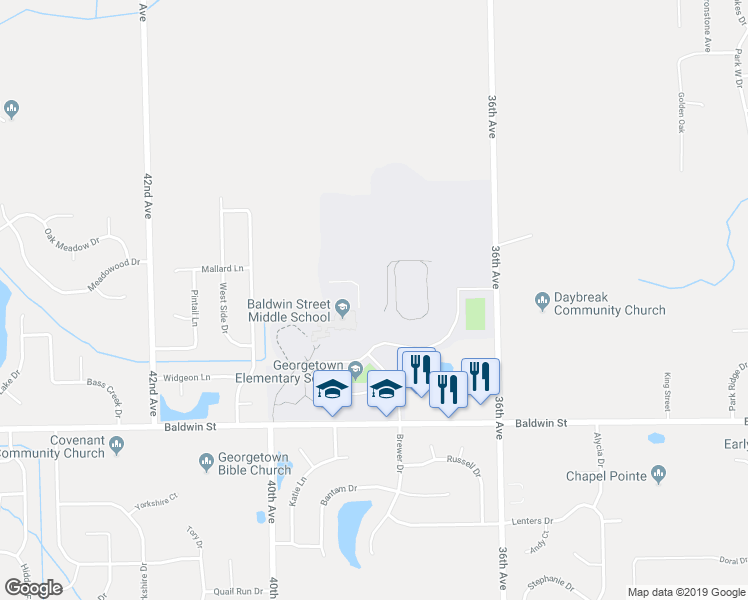 map of restaurants, bars, coffee shops, grocery stores, and more near 3835 Baldwin Street in Hudsonville