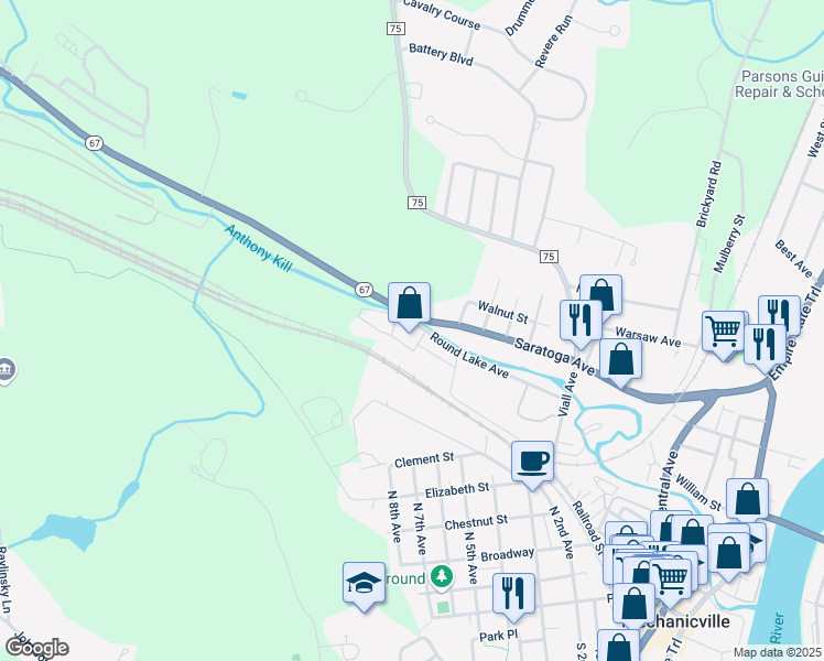 map of restaurants, bars, coffee shops, grocery stores, and more near 115 Round Lake Avenue in Mechanicville