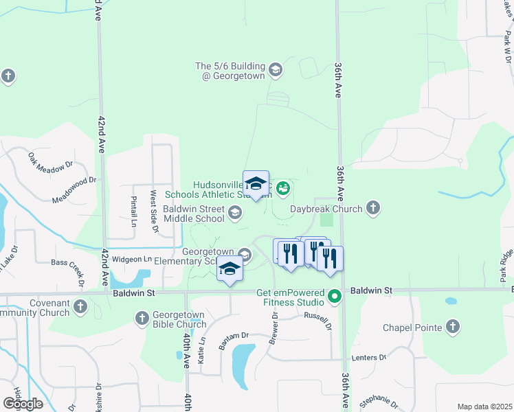 map of restaurants, bars, coffee shops, grocery stores, and more near 3835 Baldwin Street in Hudsonville