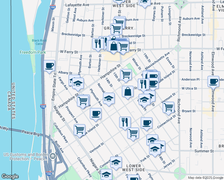 map of restaurants, bars, coffee shops, grocery stores, and more near 270 Massachusetts Avenue in Buffalo
