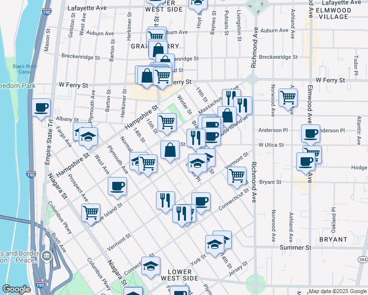 map of restaurants, bars, coffee shops, grocery stores, and more near 574 West Utica Street in Buffalo