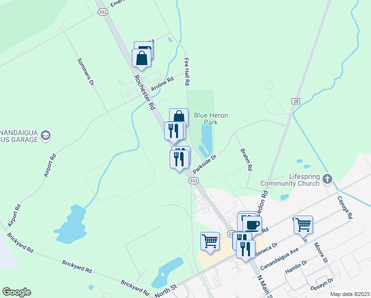 map of restaurants, bars, coffee shops, grocery stores, and more near 2498 New York 332 in Canandaigua