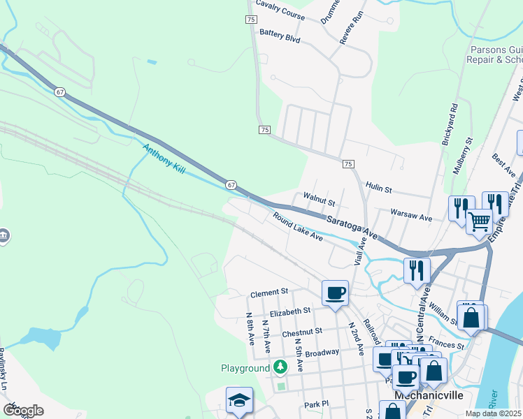 map of restaurants, bars, coffee shops, grocery stores, and more near 115 Round Lake Avenue in Mechanicville