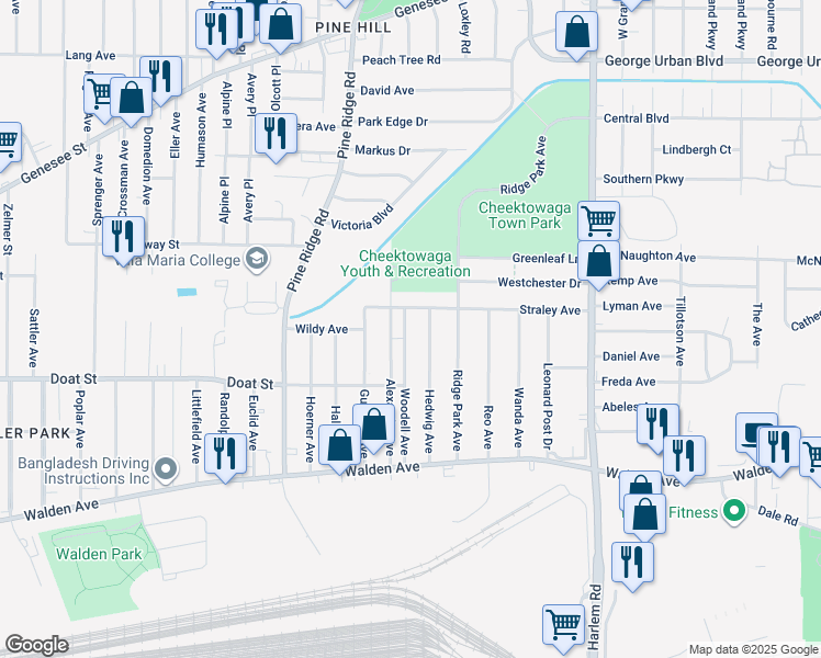 map of restaurants, bars, coffee shops, grocery stores, and more near 108 Woodell Avenue in Buffalo