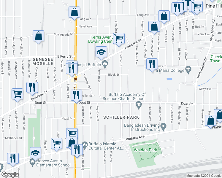 map of restaurants, bars, coffee shops, grocery stores, and more near 22 Theodore Street in Buffalo