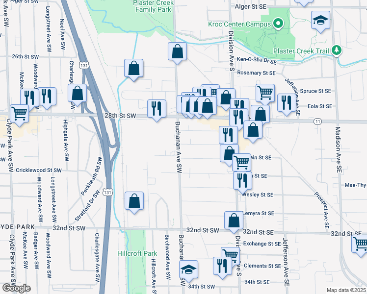 map of restaurants, bars, coffee shops, grocery stores, and more near 2935 Buchanan Avenue Southwest in Wyoming