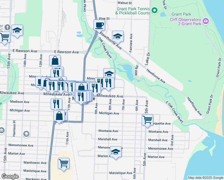 map of restaurants, bars, coffee shops, grocery stores, and more near 725 Milwaukee Avenue in South Milwaukee