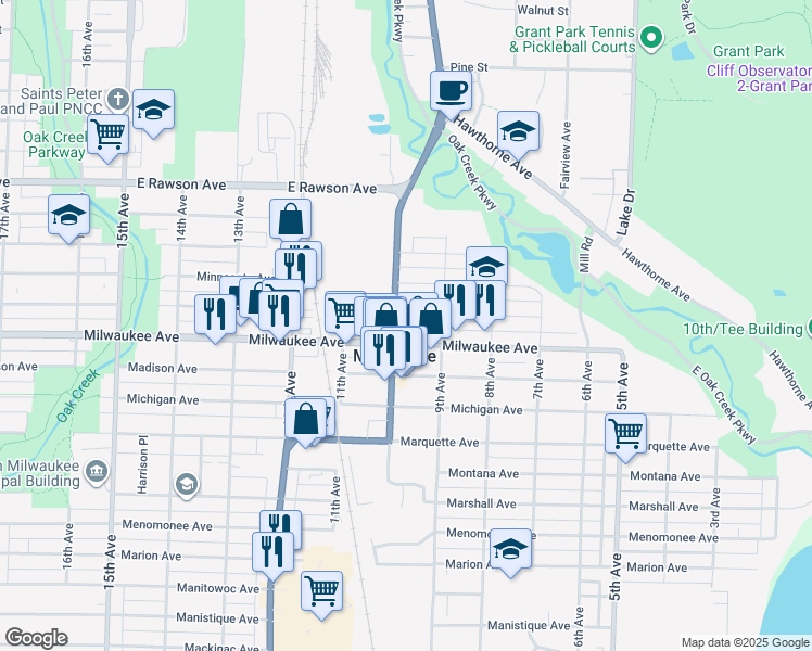 map of restaurants, bars, coffee shops, grocery stores, and more near 911 Milwaukee Avenue in South Milwaukee