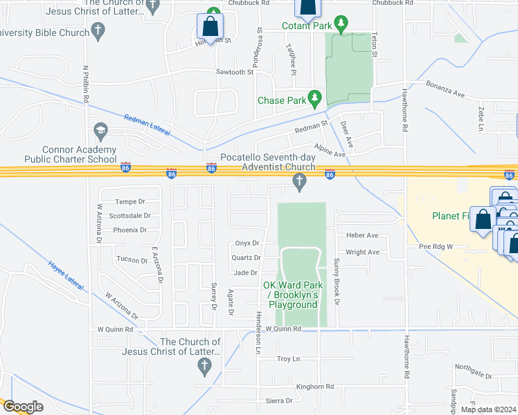 map of restaurants, bars, coffee shops, grocery stores, and more near 1576 Tanner Street in Pocatello