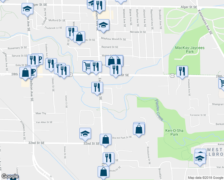 map of restaurants, bars, coffee shops, grocery stores, and more near 2880 Marshall Avenue Southeast in Grand Rapids