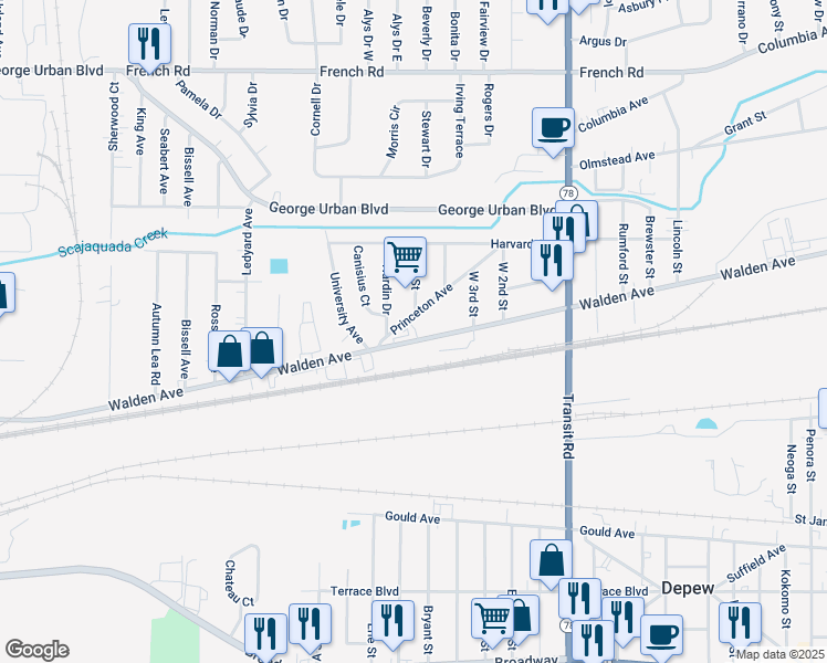 map of restaurants, bars, coffee shops, grocery stores, and more near 3202 Walden Avenue in Depew
