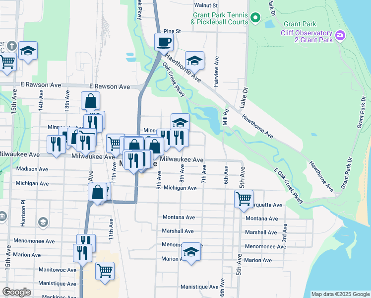 map of restaurants, bars, coffee shops, grocery stores, and more near 725 Milwaukee Avenue in South Milwaukee