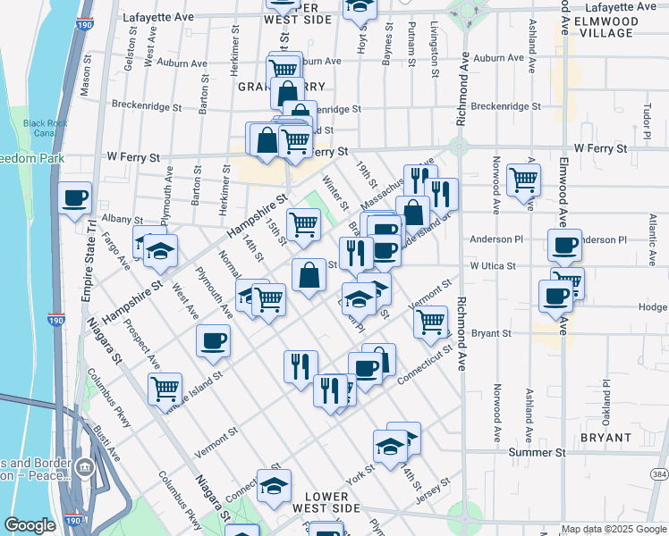 map of restaurants, bars, coffee shops, grocery stores, and more near 572 West Utica Street in Buffalo