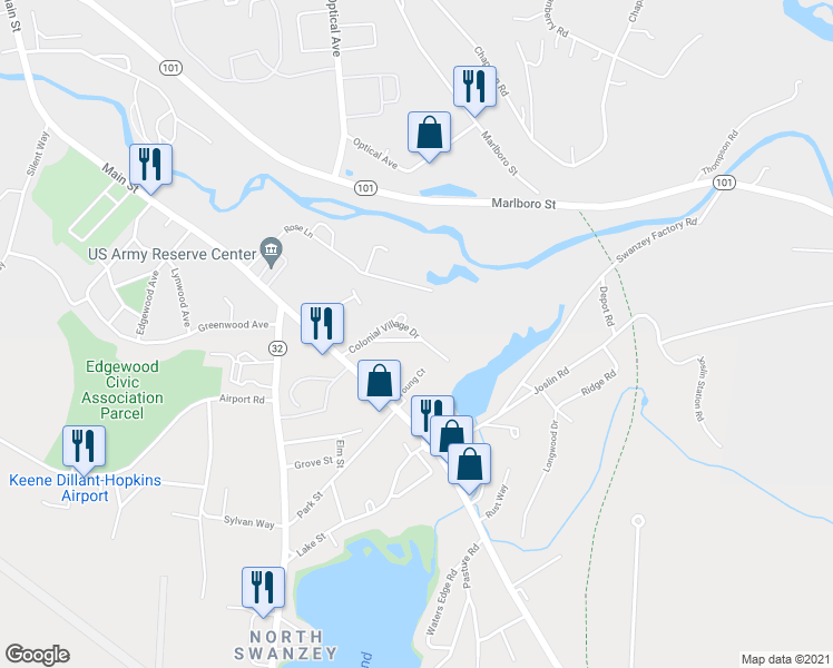 map of restaurants, bars, coffee shops, grocery stores, and more near 41 Colonial Village Drive in Keene