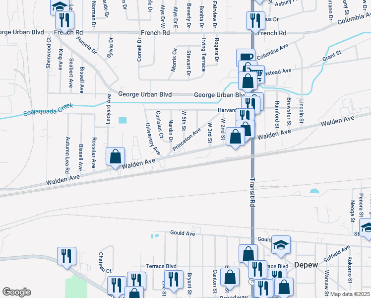 map of restaurants, bars, coffee shops, grocery stores, and more near 3206 Walden Avenue in Depew