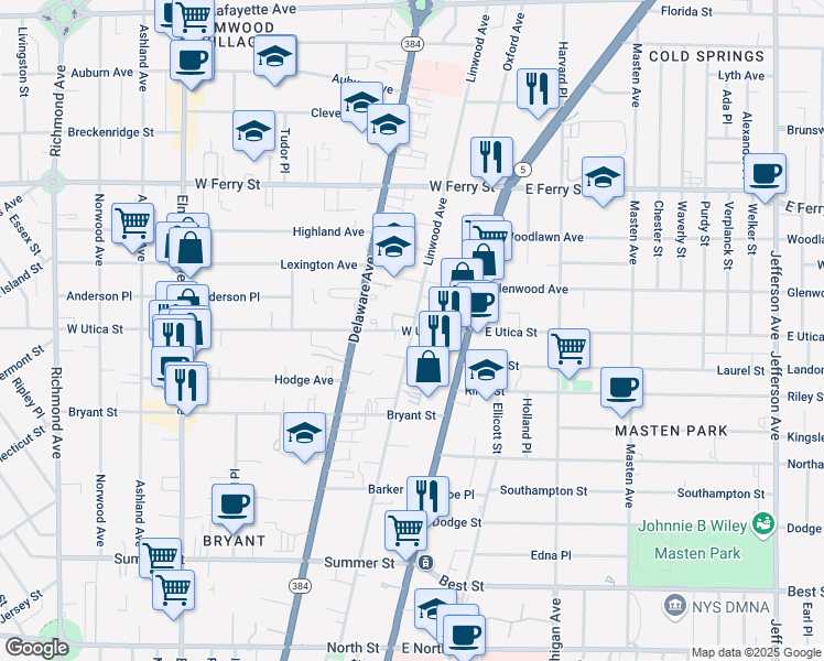 map of restaurants, bars, coffee shops, grocery stores, and more near Linwood Avenue & West Utica Street in Buffalo