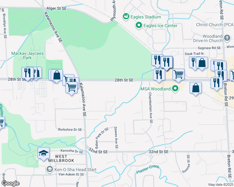 map of restaurants, bars, coffee shops, grocery stores, and more near 2850 Dawes Avenue Southeast in Grand Rapids