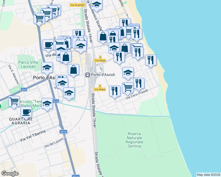 map of restaurants, bars, coffee shops, grocery stores, and more near 25 Via del Cacciatore in San Benedetto del Tronto