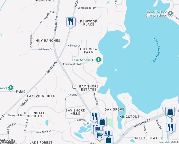 map of restaurants, bars, coffee shops, grocery stores, and more near 7325 Shore Lane in Muskego