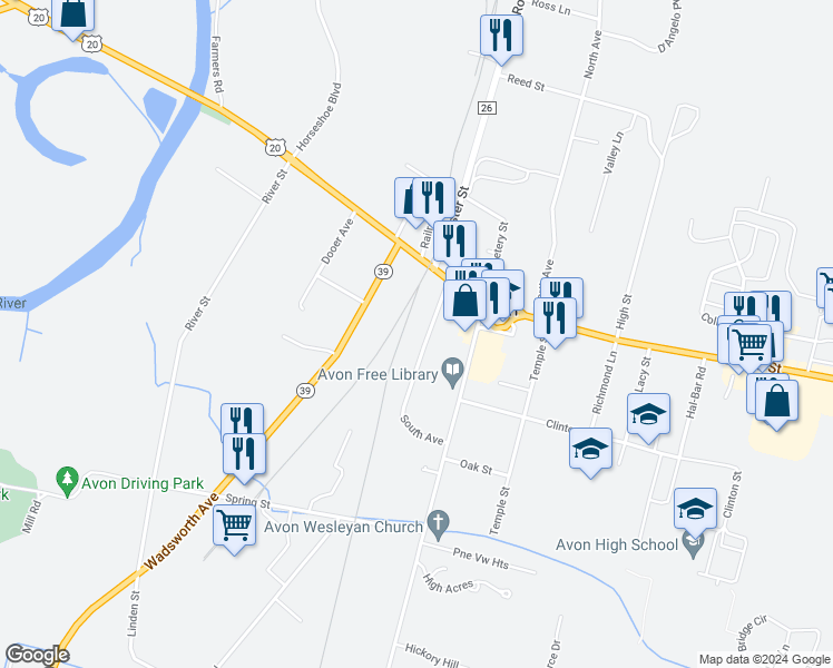 map of restaurants, bars, coffee shops, grocery stores, and more near 31 South Avenue in Avon