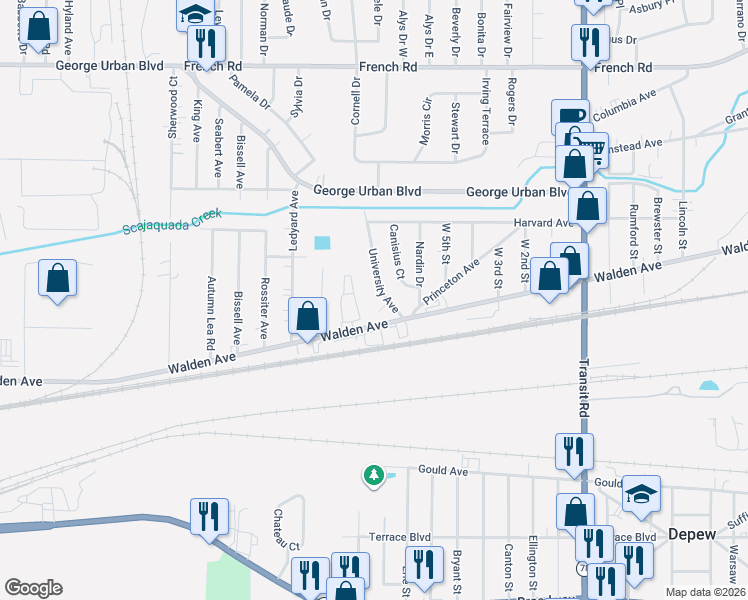 map of restaurants, bars, coffee shops, grocery stores, and more near 128 University Avenue in Depew