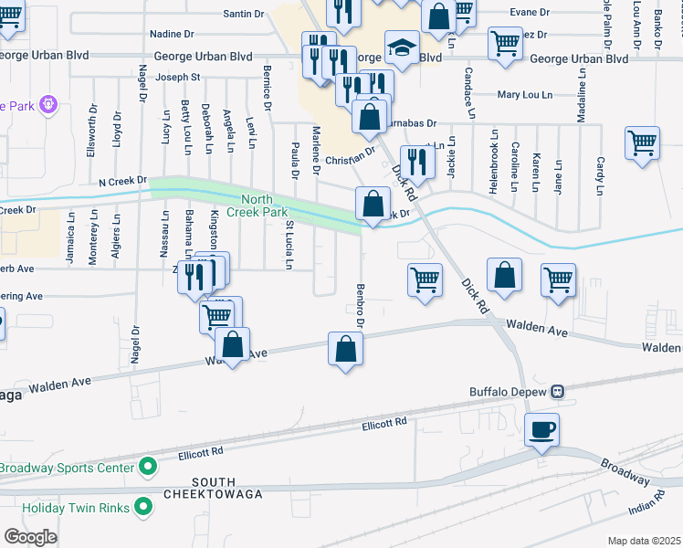 map of restaurants, bars, coffee shops, grocery stores, and more near 92 Benbro Drive in Cheektowaga
