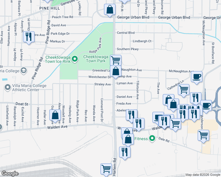 map of restaurants, bars, coffee shops, grocery stores, and more near 2514 Harlem Road in Buffalo