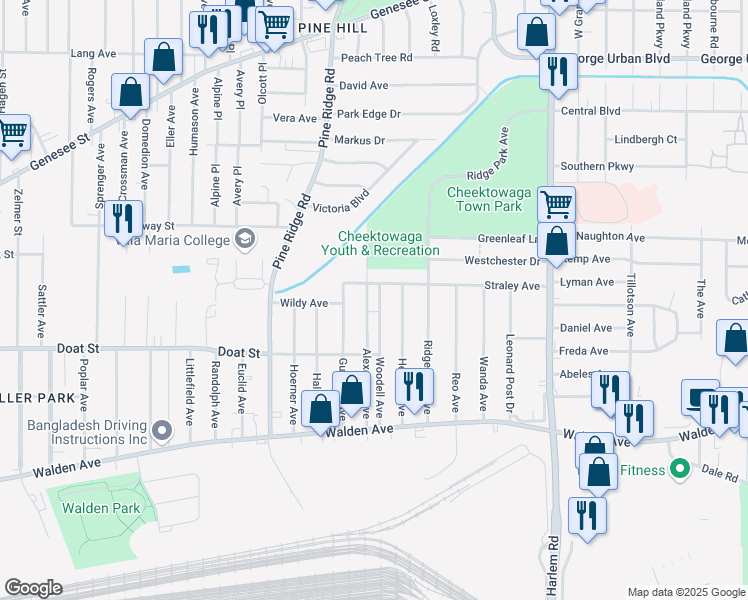 map of restaurants, bars, coffee shops, grocery stores, and more near 116 Straley Avenue in Buffalo