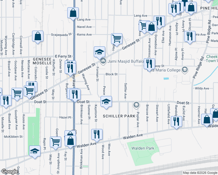 map of restaurants, bars, coffee shops, grocery stores, and more near 78 Theodore Street in Buffalo