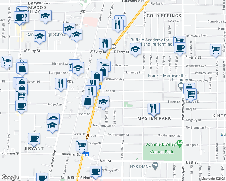map of restaurants, bars, coffee shops, grocery stores, and more near 31 Glenwood Avenue in Buffalo