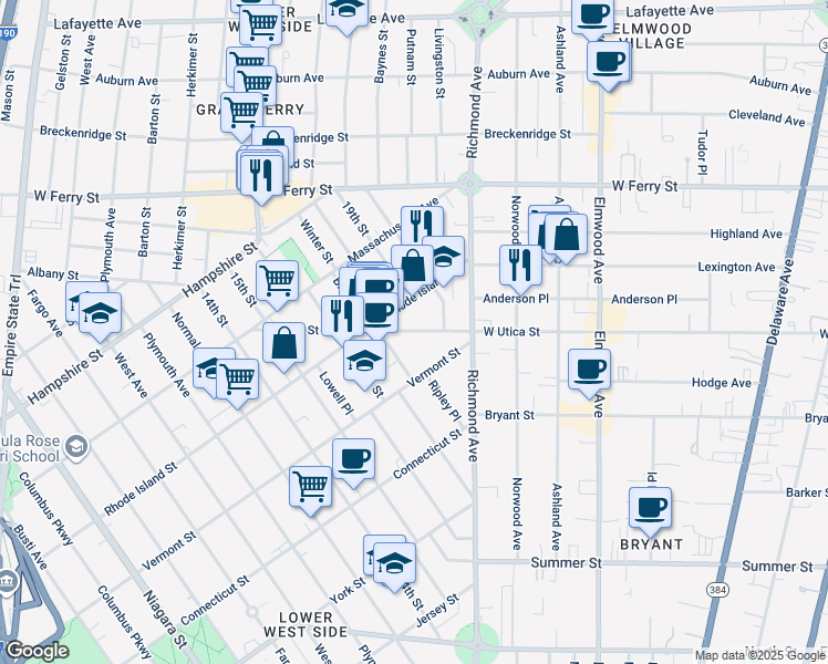map of restaurants, bars, coffee shops, grocery stores, and more near 444 Rhode Island Street in Buffalo
