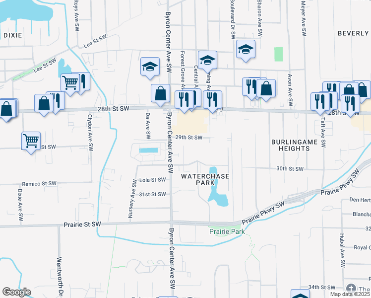 map of restaurants, bars, coffee shops, grocery stores, and more near 2333 29th Street Southwest in Wyoming
