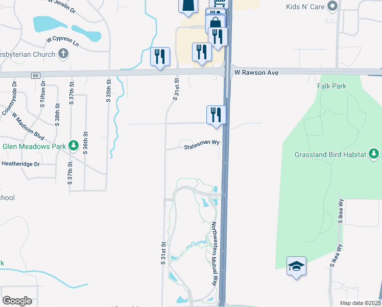 map of restaurants, bars, coffee shops, grocery stores, and more near 2950 Statesman Way in Franklin
