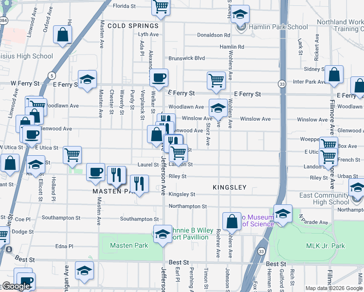 map of restaurants, bars, coffee shops, grocery stores, and more near 362 East Utica Street in Buffalo