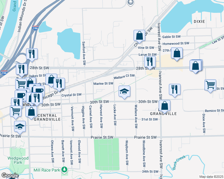 map of restaurants, bars, coffee shops, grocery stores, and more near 2931 Locke Avenue Southwest in Grandville