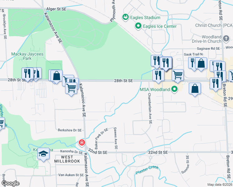 map of restaurants, bars, coffee shops, grocery stores, and more near 2850 Dawes Avenue Southeast in Grand Rapids