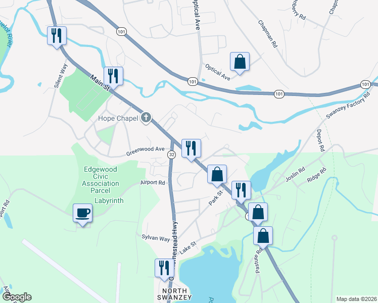 map of restaurants, bars, coffee shops, grocery stores, and more near 702 Main Street in Keene