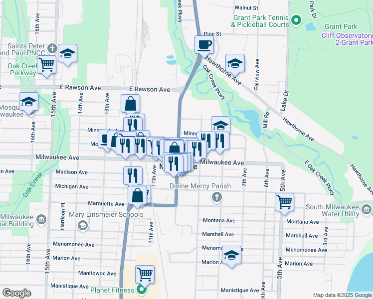 map of restaurants, bars, coffee shops, grocery stores, and more near 921 Monroe Avenue in South Milwaukee