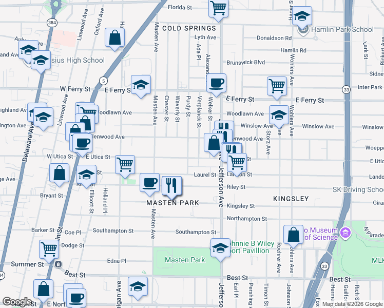 map of restaurants, bars, coffee shops, grocery stores, and more near 63 Purdy Street in Buffalo